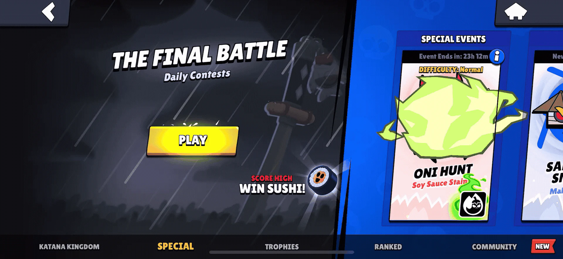 左侧THE FINAL BATTLE和黄色PLAY,右侧特殊活动卡含倒计时与难度