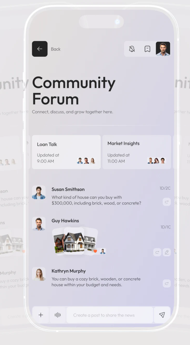Community Forum页含Loan Talk与Market Insights话题、头像消息和底部输入栏