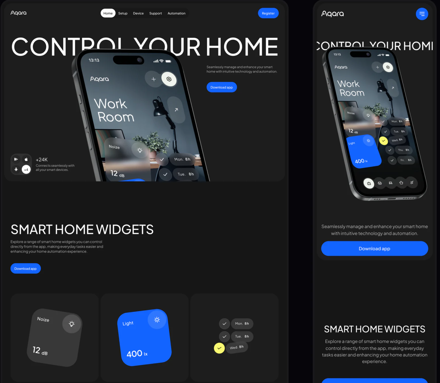 Aqara桌面和移动介绍页的Control Your Home、Work Room手机和Smart Home Widgets模块