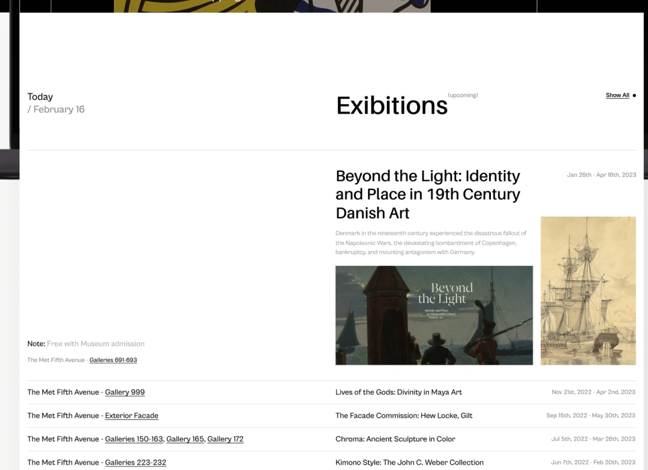 博物馆Exhibitions区的Beyond the Light标题图片、展期及左侧馆区展厅说明和下方列表