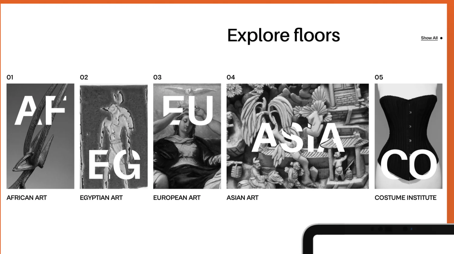 Explore floors标题下五张艺术图片、AF、EG、EU、ASIA、CO缩写与完整分类名称