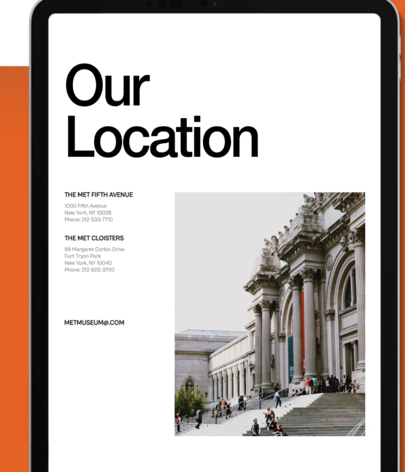 Our Location移动画面中两馆区名称与地址文字，右侧建筑照片