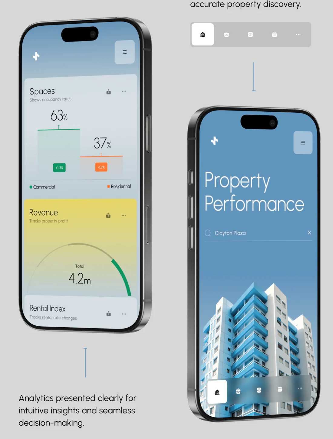 蓝色物业搜索手机与Spaces Revenue指标手机并列