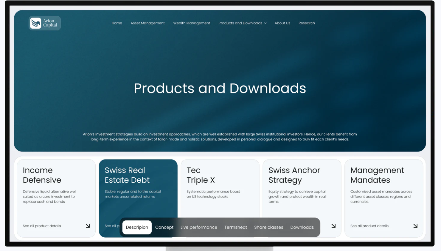 Five product cards below a blue-green title area, with a floating menu at the bottom listing description and download types