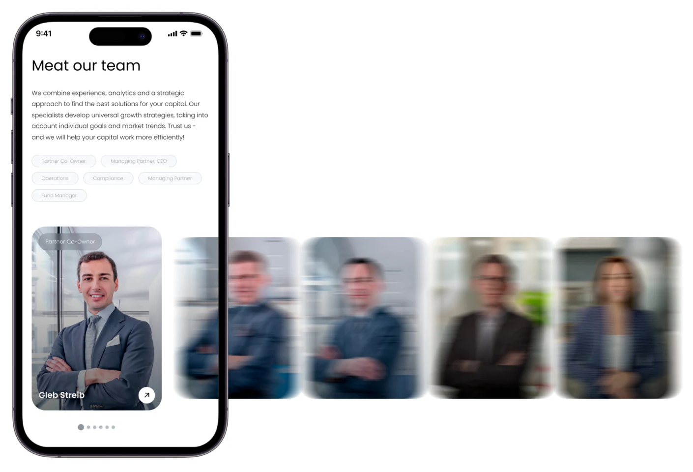 Mobile team page with role labels, a Gleb Streib profile card, and pagination dots below