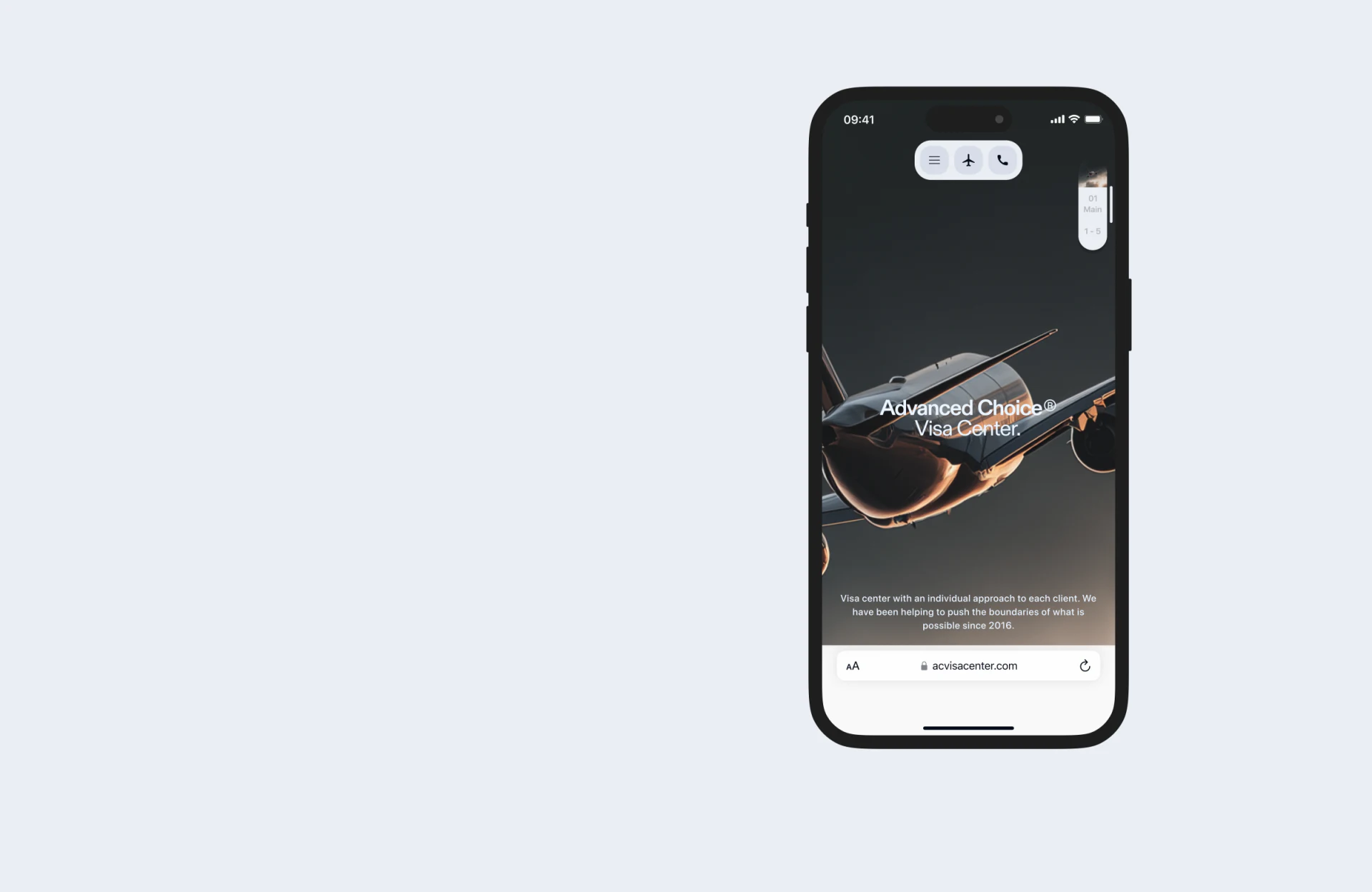 AC Visa Center mobile aircraft hero with menu, aircraft, and phone icons, agency name, and position strip