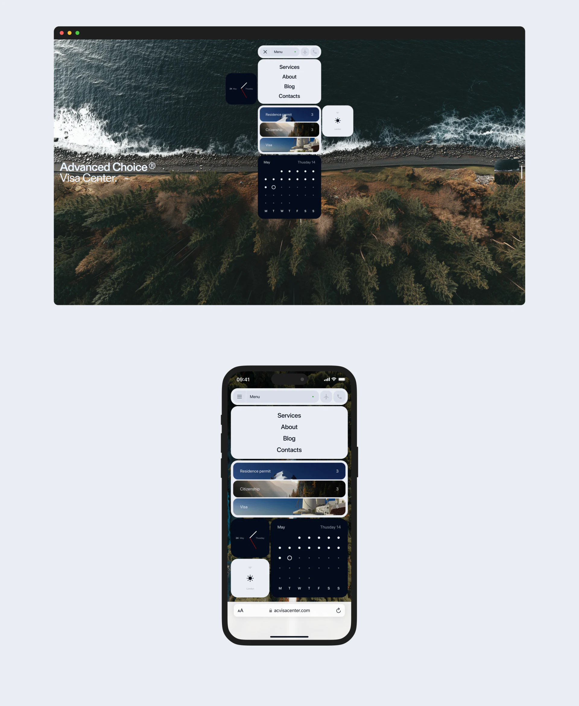 AC Visa Center desktop and mobile Services menu, three categories, calendar, weather, and clock