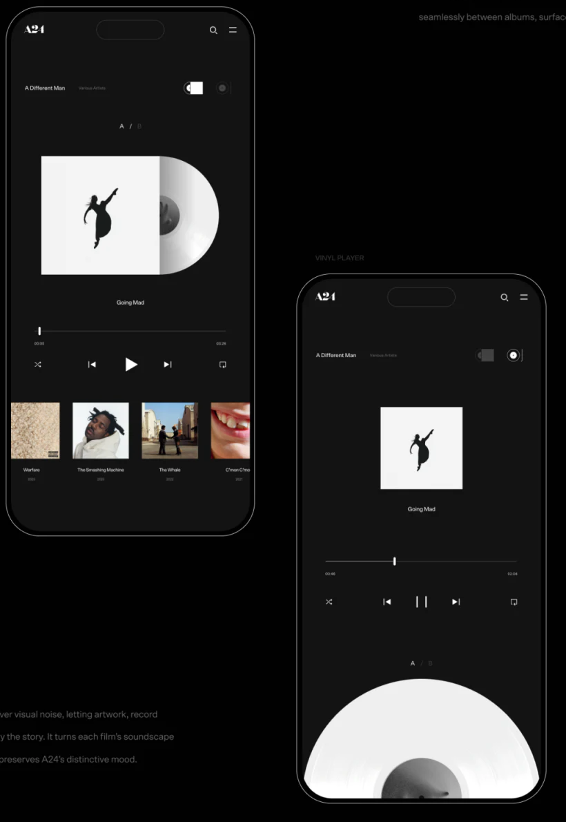 Two mobile soundtrack views labeled Going Mad, with play and 03:26 duration on the left and pause and 02:04 on the right