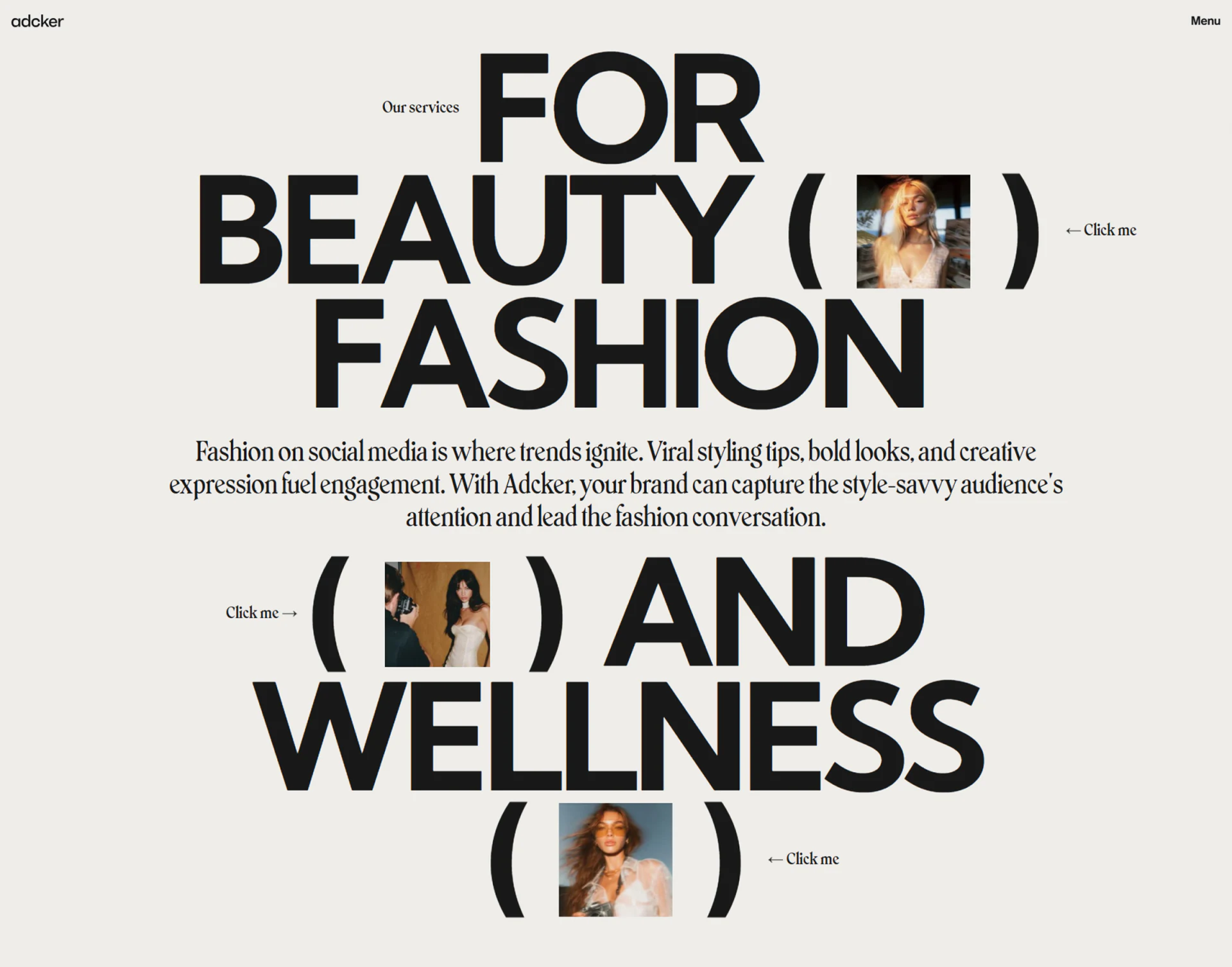 Adcker大号Beauty、Fashion、Wellness文字、括号人物照片与三处Click me箭头