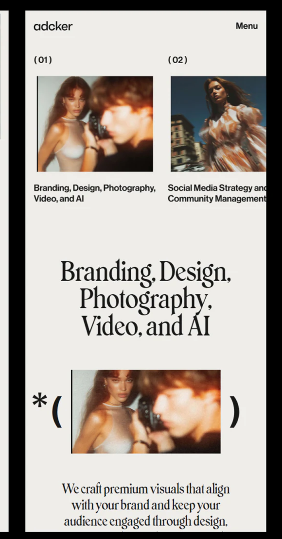 Adcker移动服务页的编号照片卡、Branding等能力组与Social Media Strategy组，下面衬线服务标题