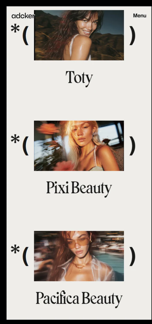 Adcker移动作品目录的Toty、Pixi Beauty、Pacifica Beauty照片与名称及星号括号