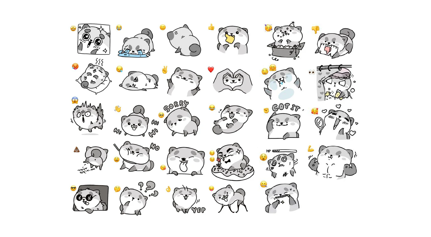 Emotion sketch sheet with varied eyes, mouths, gestures, props, and SORRY, GOT IT, NO, and YEP