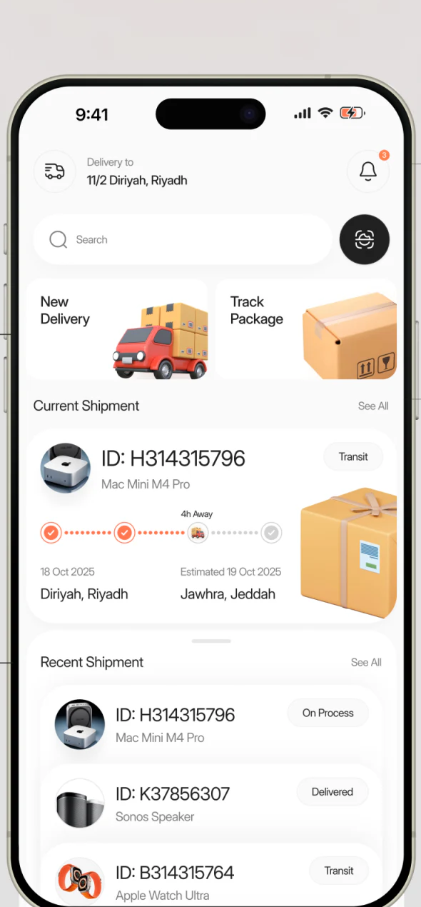 首页并列New Delivery与Track Package，下方当前包裹和近期列表重复同一编号但状态文字不同