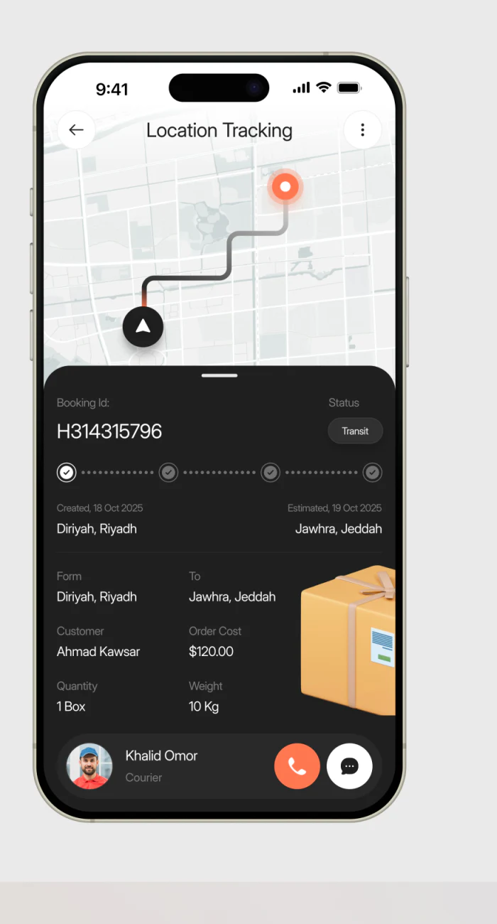 追踪地图下方列H314315796、Transit、两地日期与120美元费用，底部有配送员和通话聊天