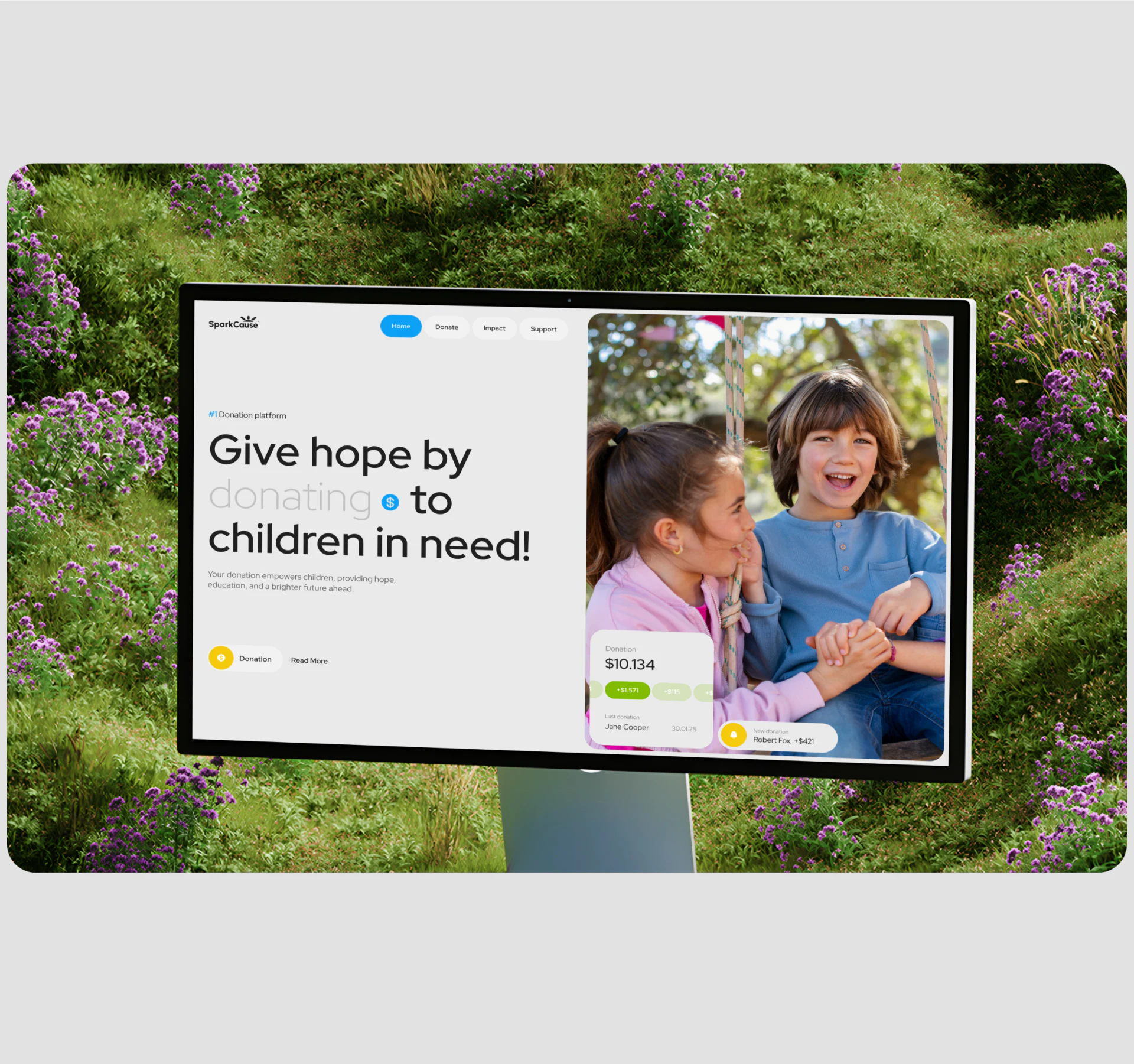 SparkCause’s child-focused homepage with Give hope, Donation and Read More, plus a donation amount card over the photograph