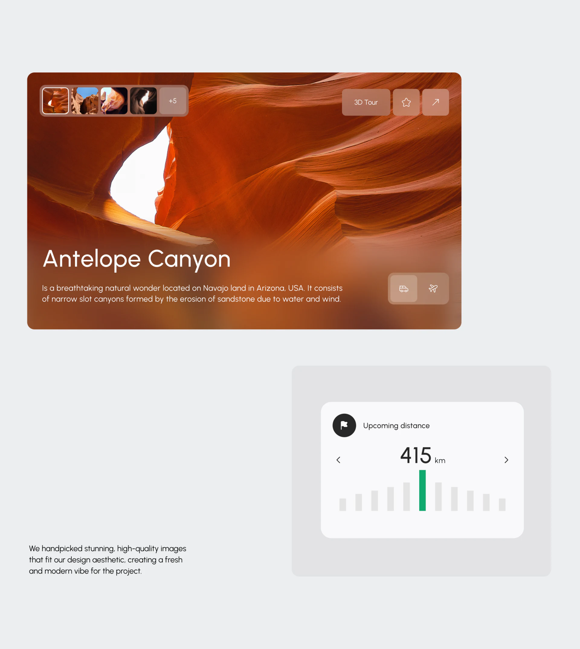 A destination photograph with thumbnails, transport and save entries
