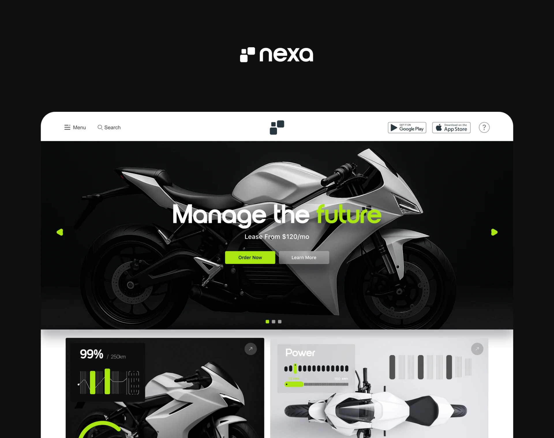 NEXA vehicle website hero with Order Now and Learn More