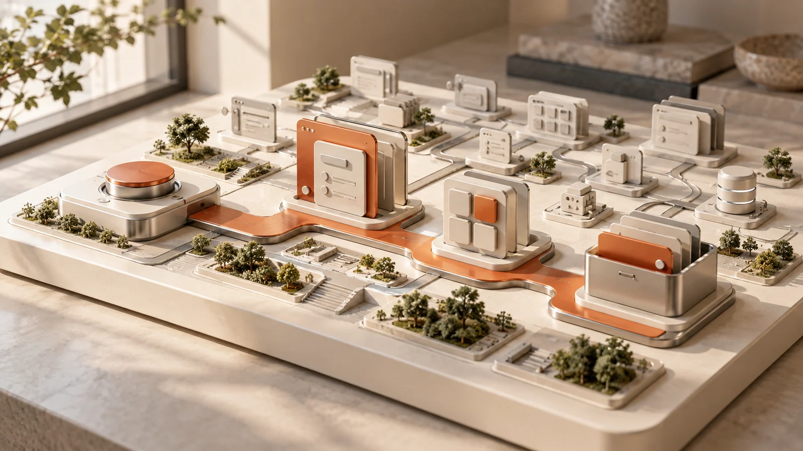 A miniature interface model connects core features through a prominent main route.