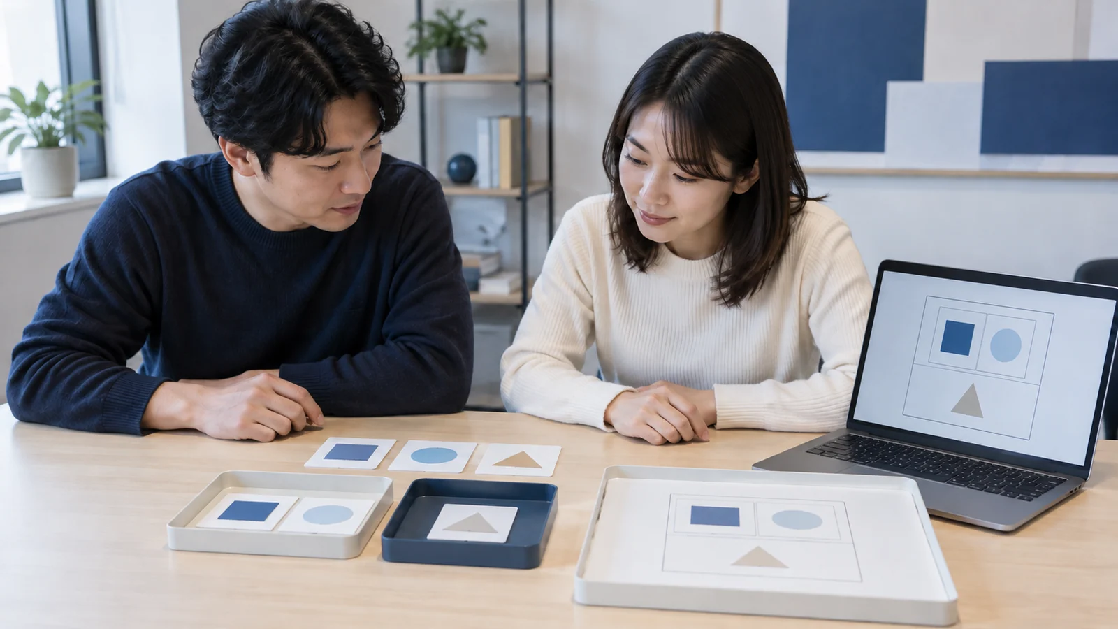 两位同事对照实体任务分组与屏幕结构建立概念联系