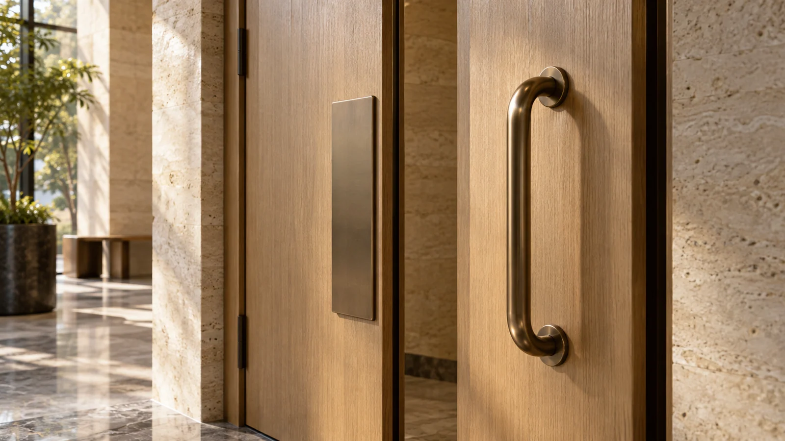 A flat push plate and a curved pull handle make two doors' intended actions visible.