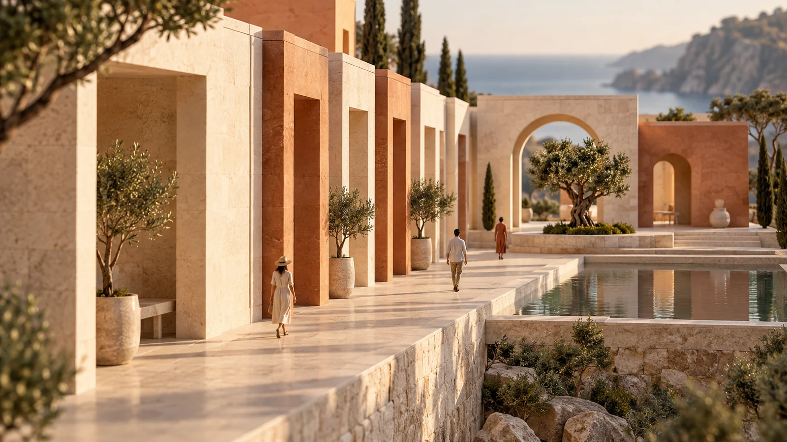 Conceptual architectural scene with aligned limestone pavilions guiding the eye toward a courtyard
