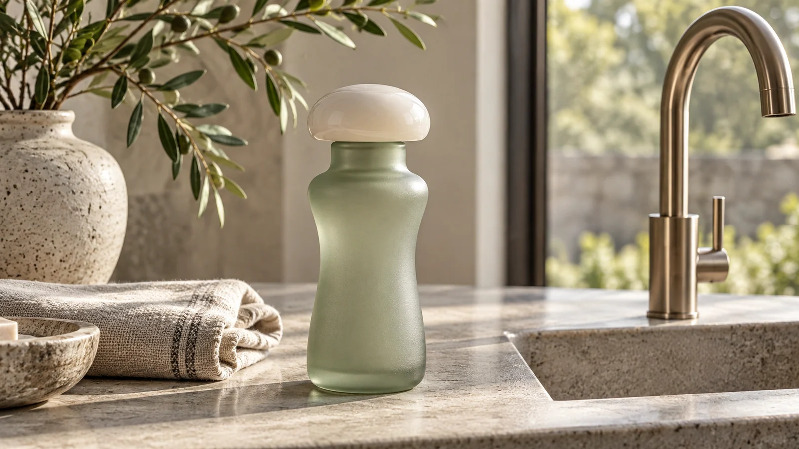 A softly curved unbranded dispenser evokes the poised silhouette of a butler