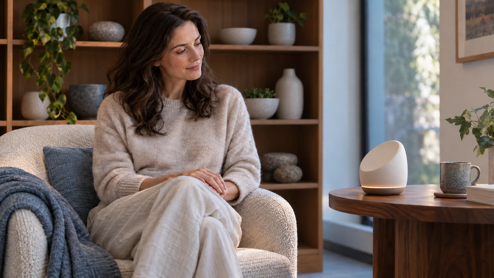 A fictional user sits calmly beside a faceless assistant device in an illustrative scene