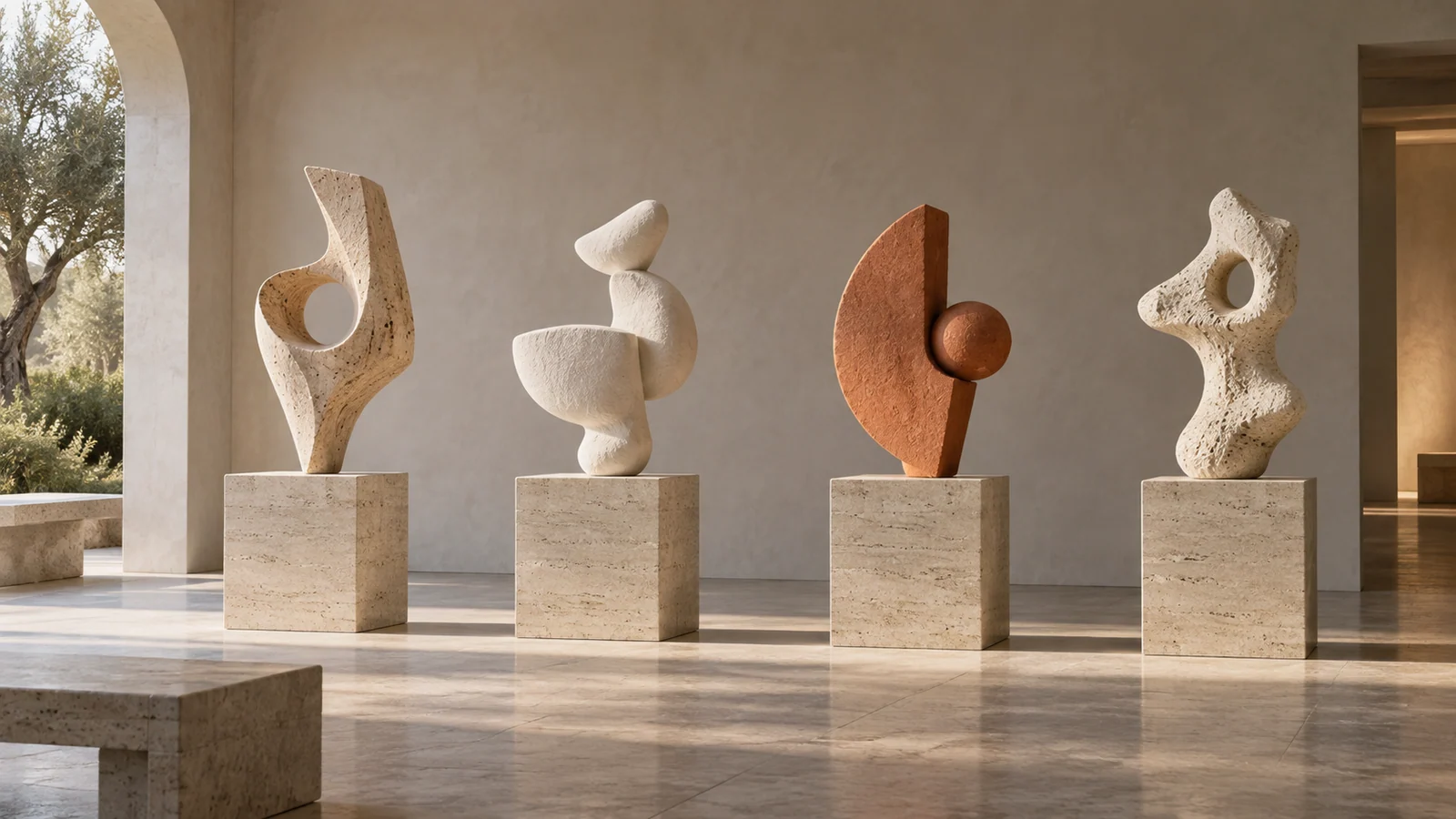 Asymmetric sculptures demonstrate visual balance above aligned gallery plinths