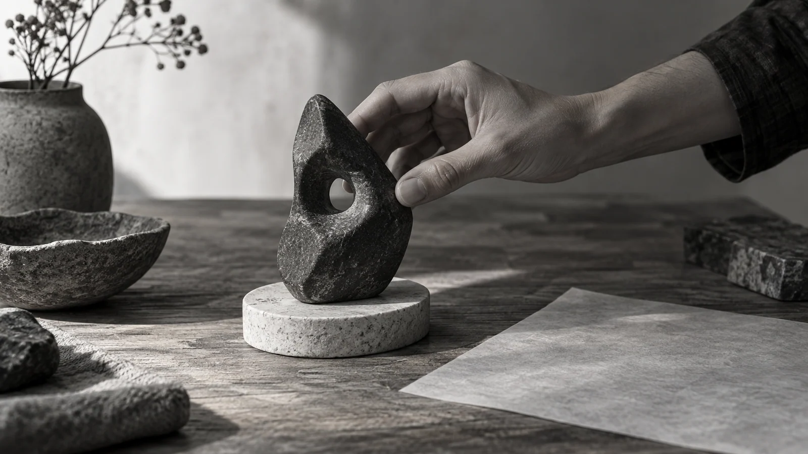 A hand adjusts an asymmetric stone sculpture in a grayscale study of visual weight