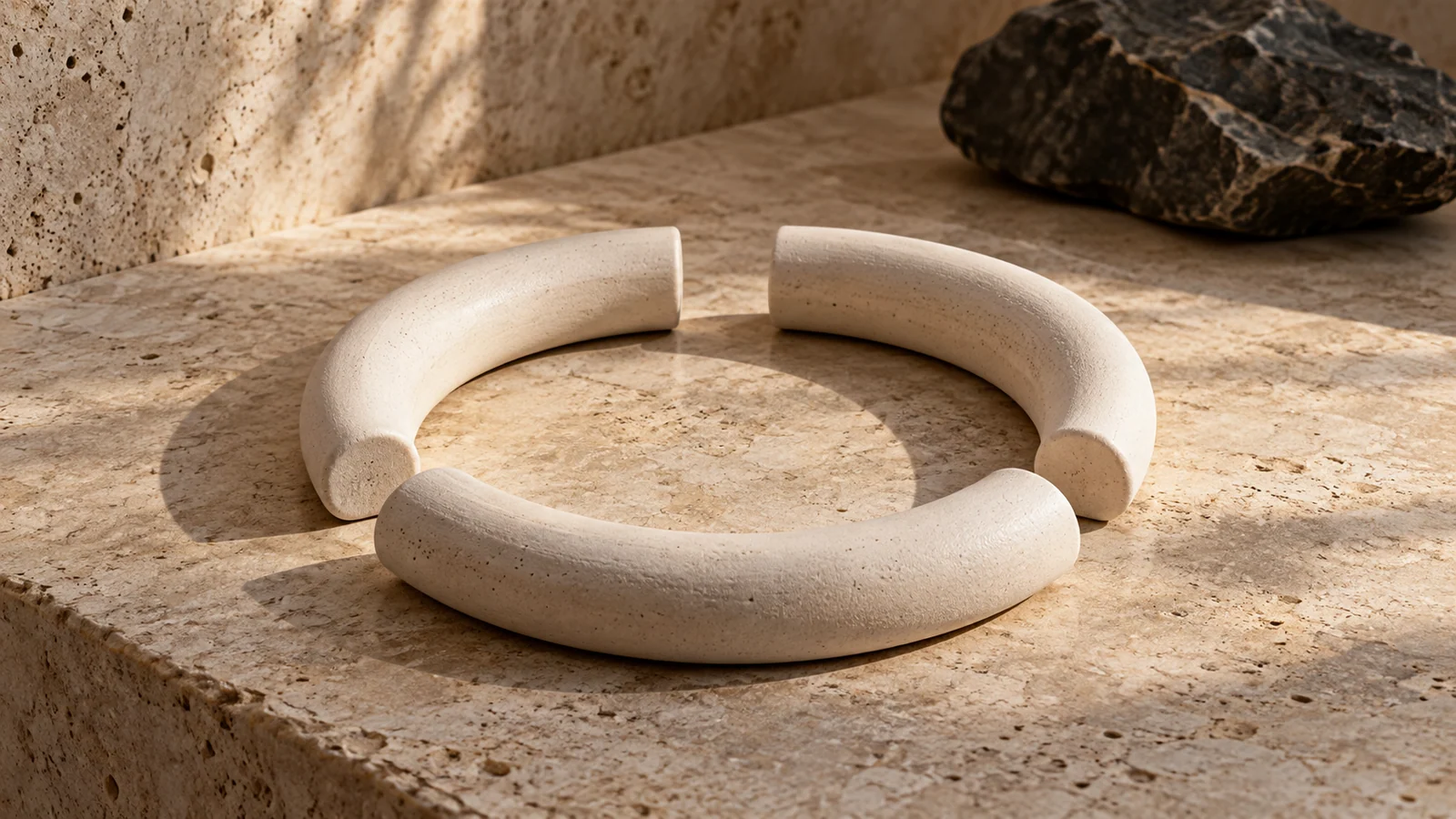 Separated ceramic arcs invite the eye to complete a circle