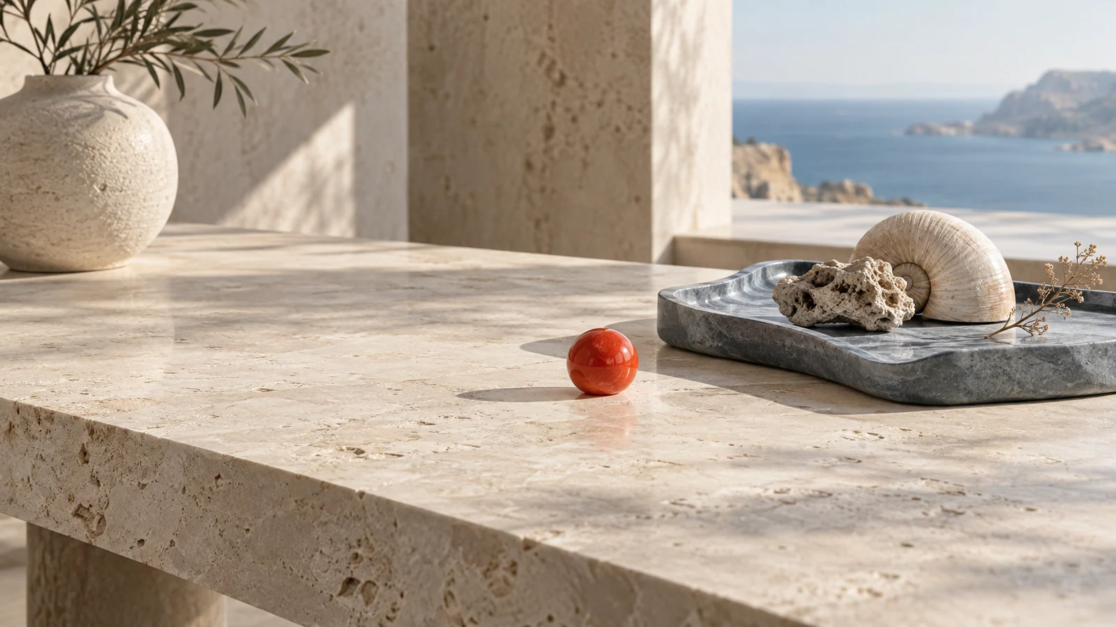 Limestone, a muted blue-gray tray, and a small vermilion sphere illustrate restrained color hierarchy