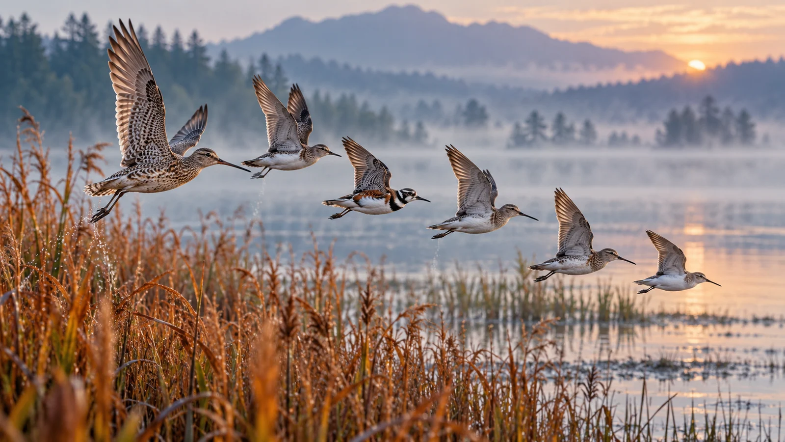 Shorebirds take flight in a shared direction, illustrating perceptual grouping through motion