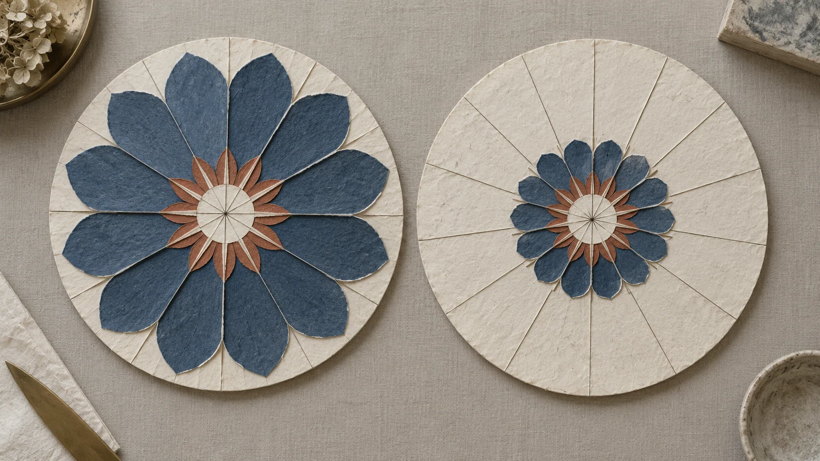 Two unlabeled radial paper constructions compare large and small colored areas side by side