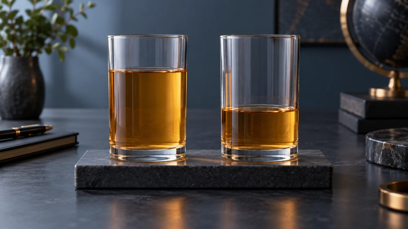 Identical vessels with different fill levels stand on a common base for fair comparison