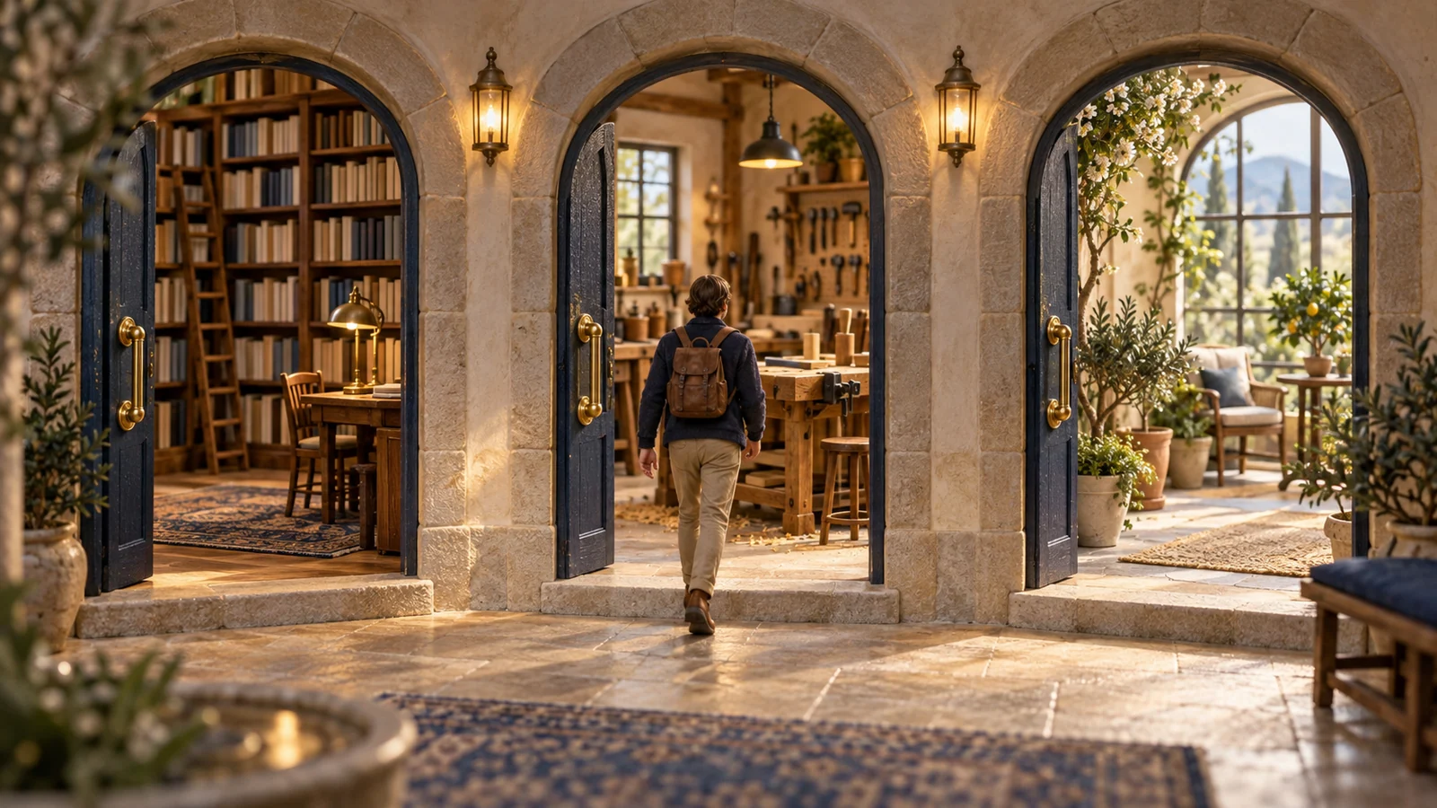 A traveler encounters consistent door details across a library, workshop, and garden room