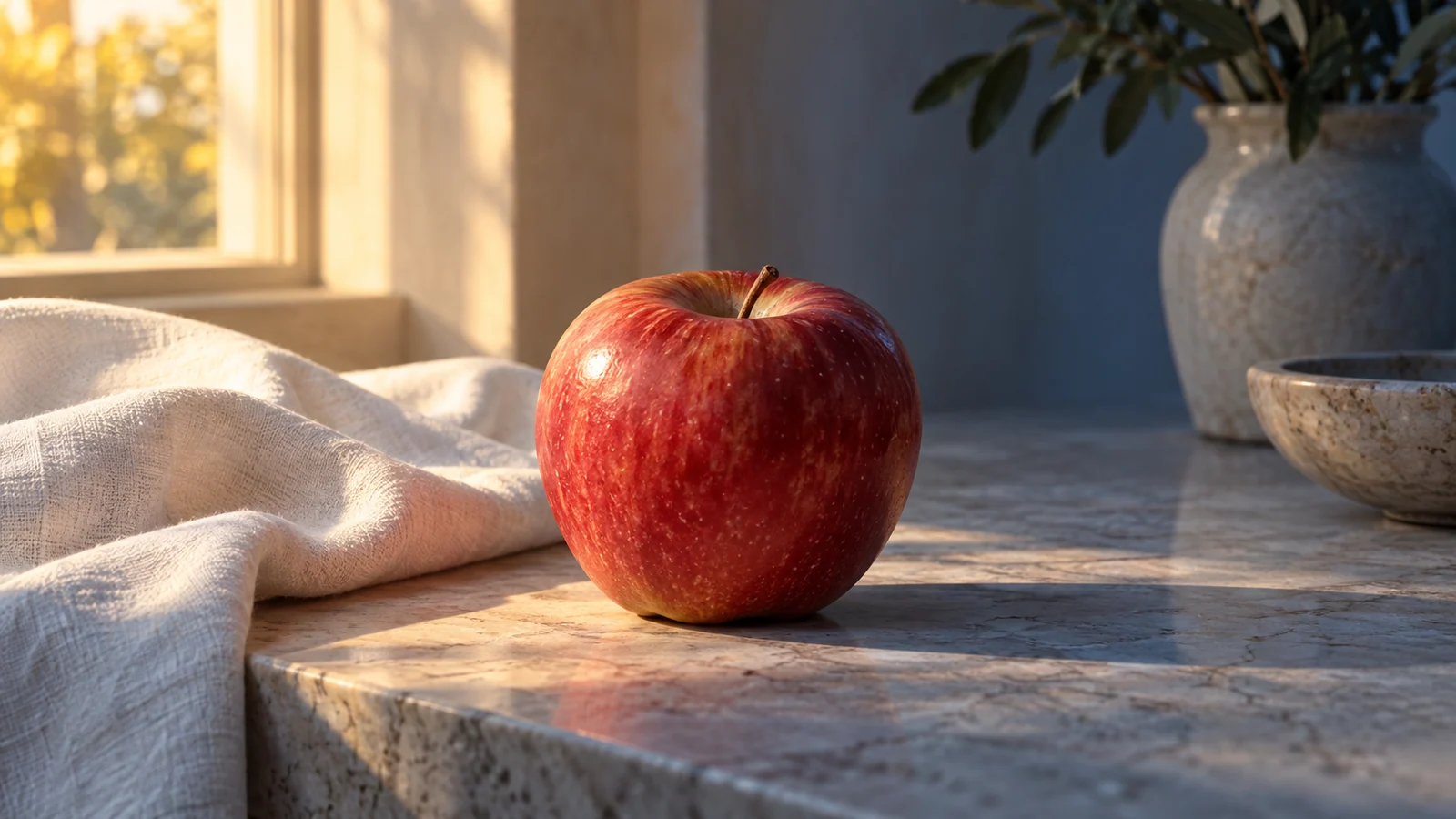 A red apple remains recognizable across warm light and cool shadow beside white linen