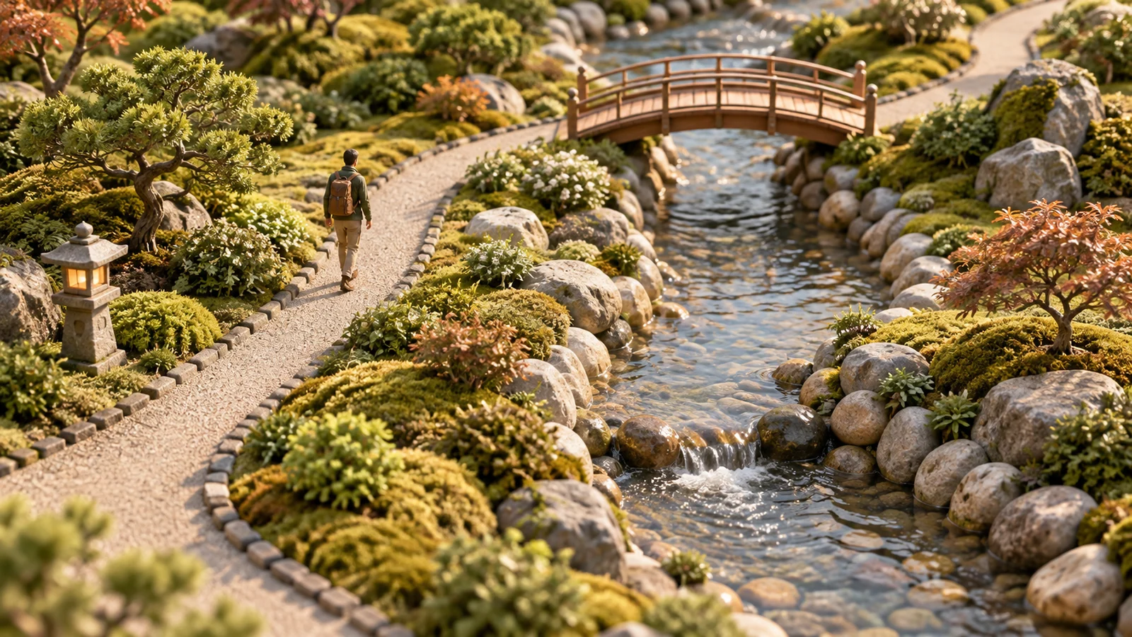 微缩花园中的石岸与路径温和引导水流和行人