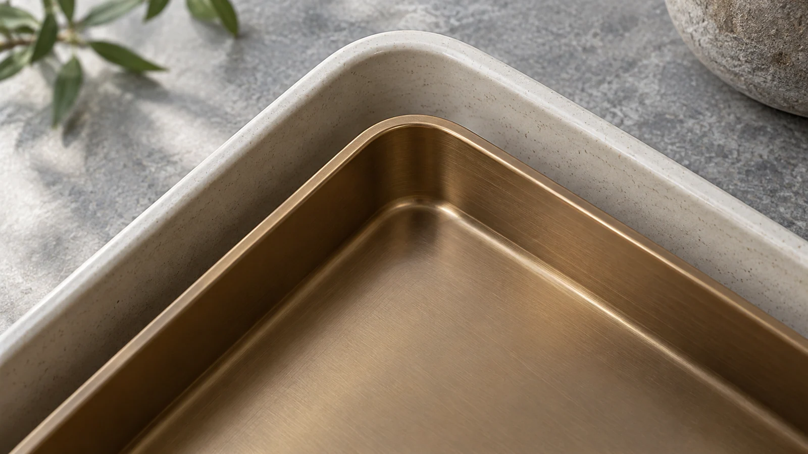 Nested ceramic and bronze trays show aligned inner and outer rounded edges
