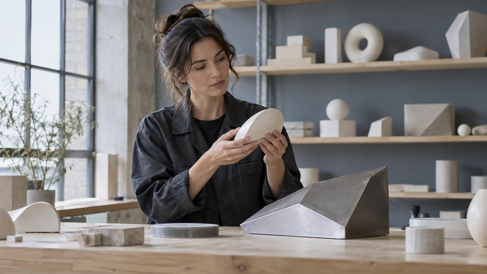 A fictional designer examines a curved model beside an angular prototype