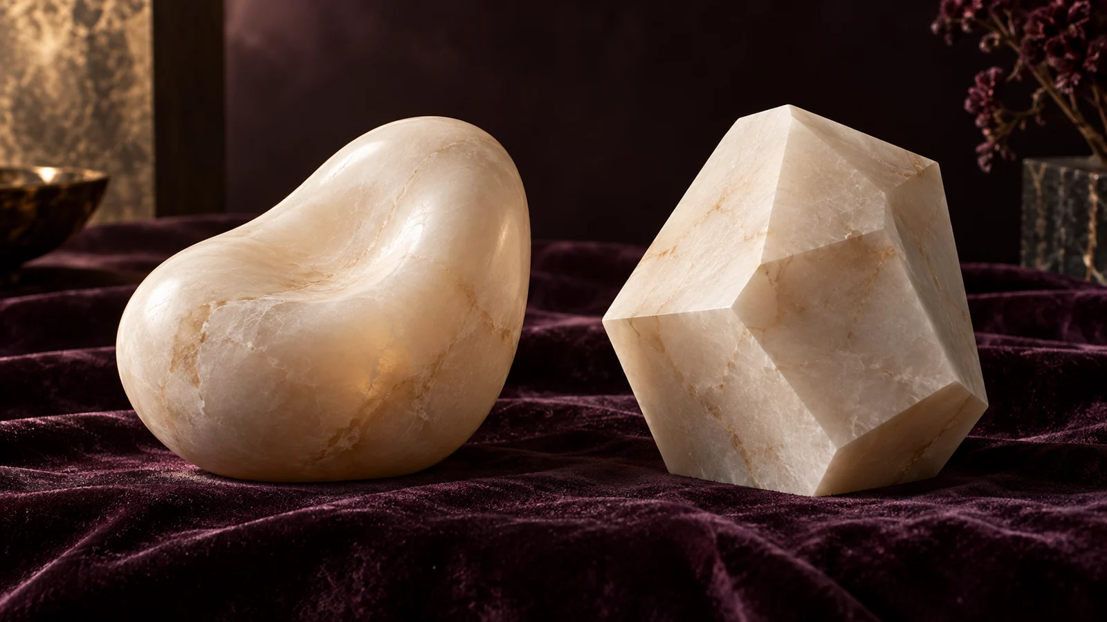 Rounded and faceted alabaster objects contrast soft and angular contours