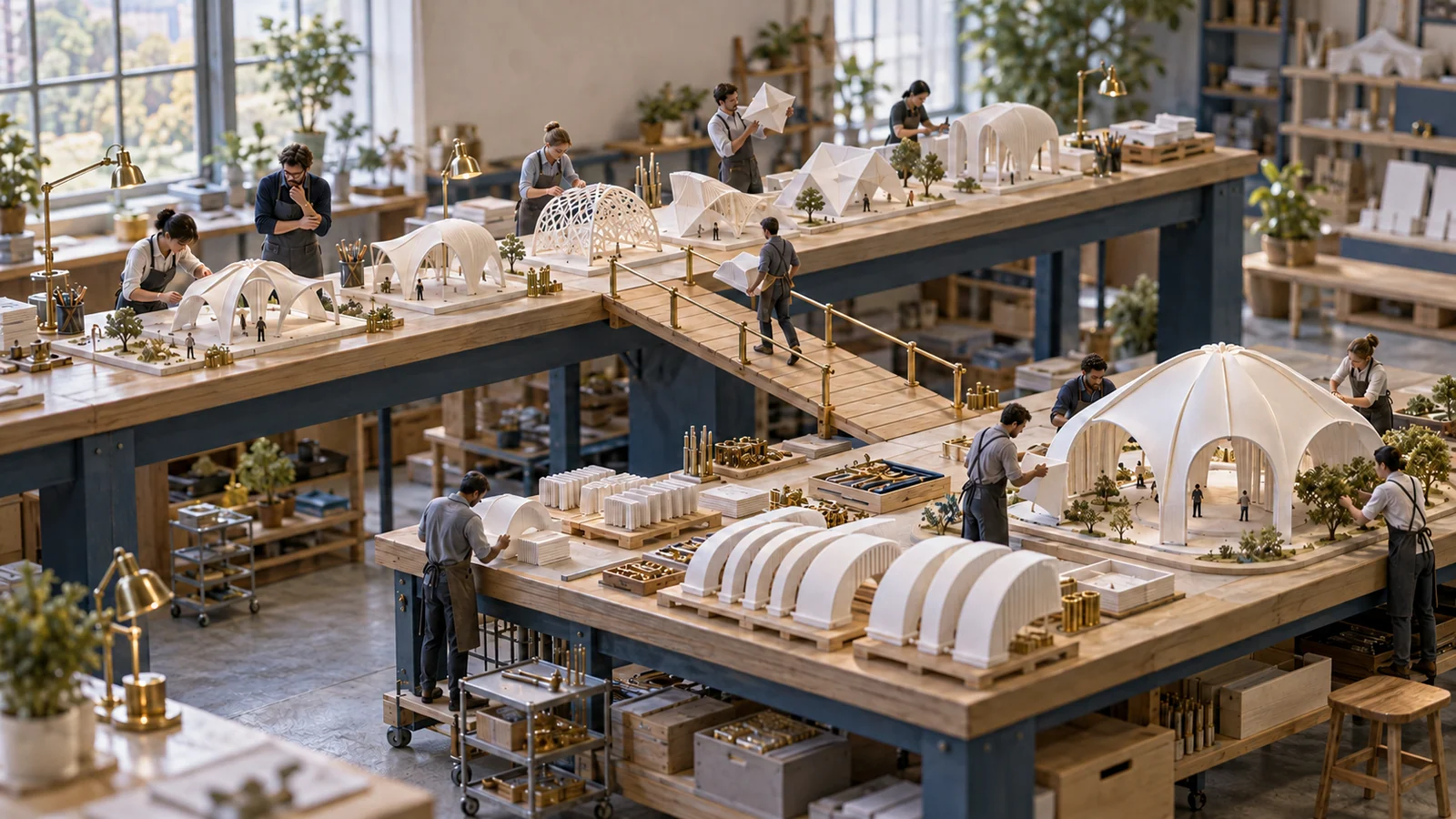 微缩工作室中探索与交付两条工作台通过桥梁连接，展示双轨协作。