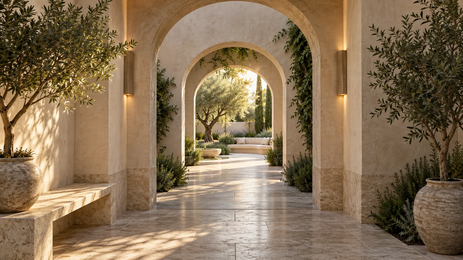 Aligned open archways reveal a sunlit courtyard gradually, inviting deeper exploration.