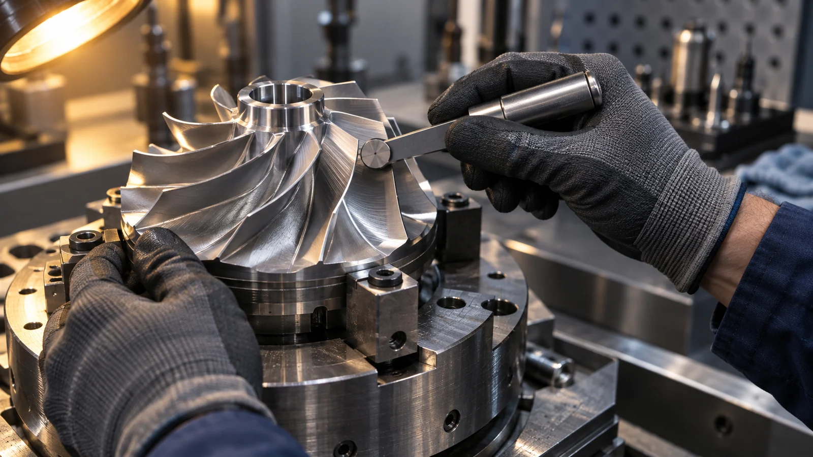 A fictional industrial inspection scene shows precise machining detail on an unbranded metal component.