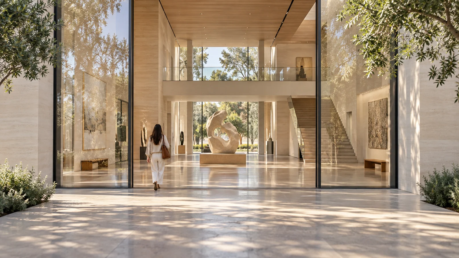 A fictional visitor enters an original transparent gallery with a level threshold and open sightlines.