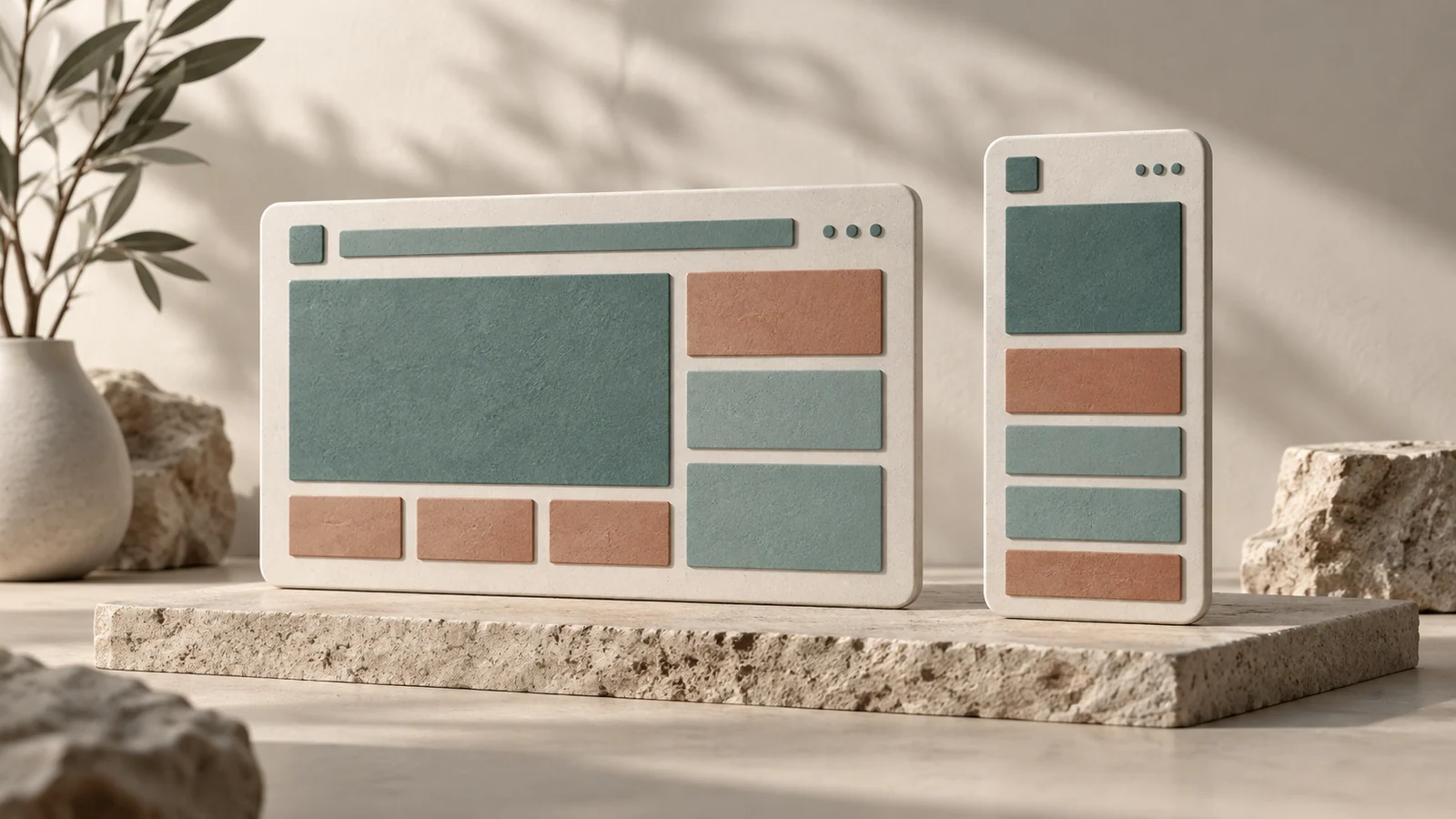 Wide and narrow layout models rearrange the same content blocks for responsive use