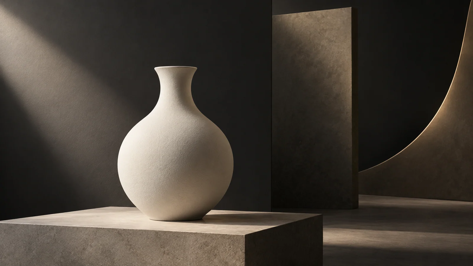 A sharply defined ivory vessel stands apart from layered dark background panels