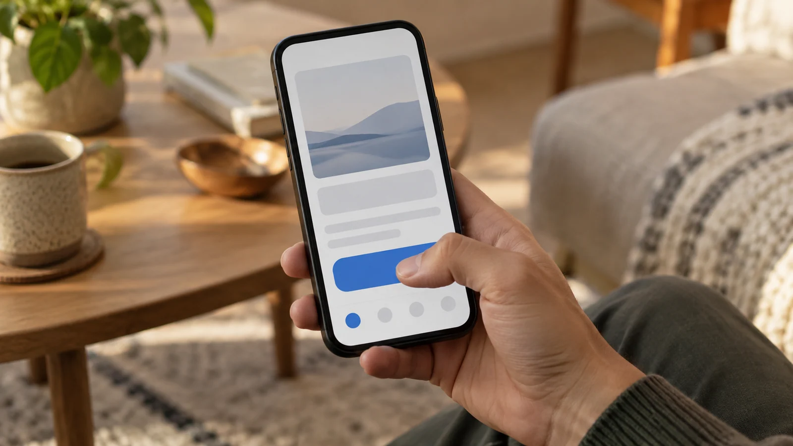 A hand comfortably reaches a generous lower-screen action area on a generic phone