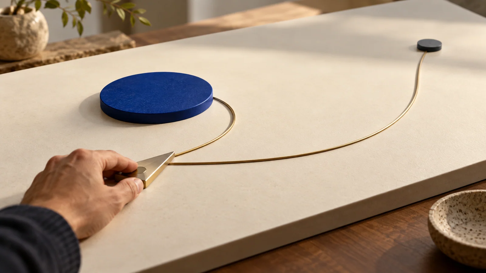 A physical interaction board contrasts a large nearby target with a small distant one