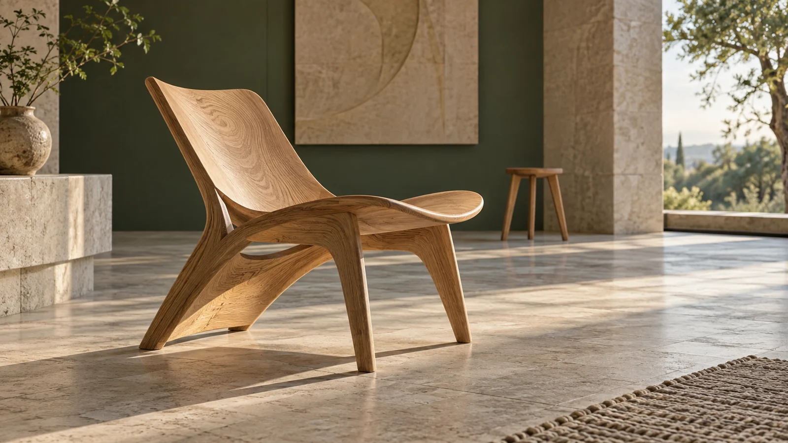 Sculptural wooden chair whose structure supports both comfort and visual beauty