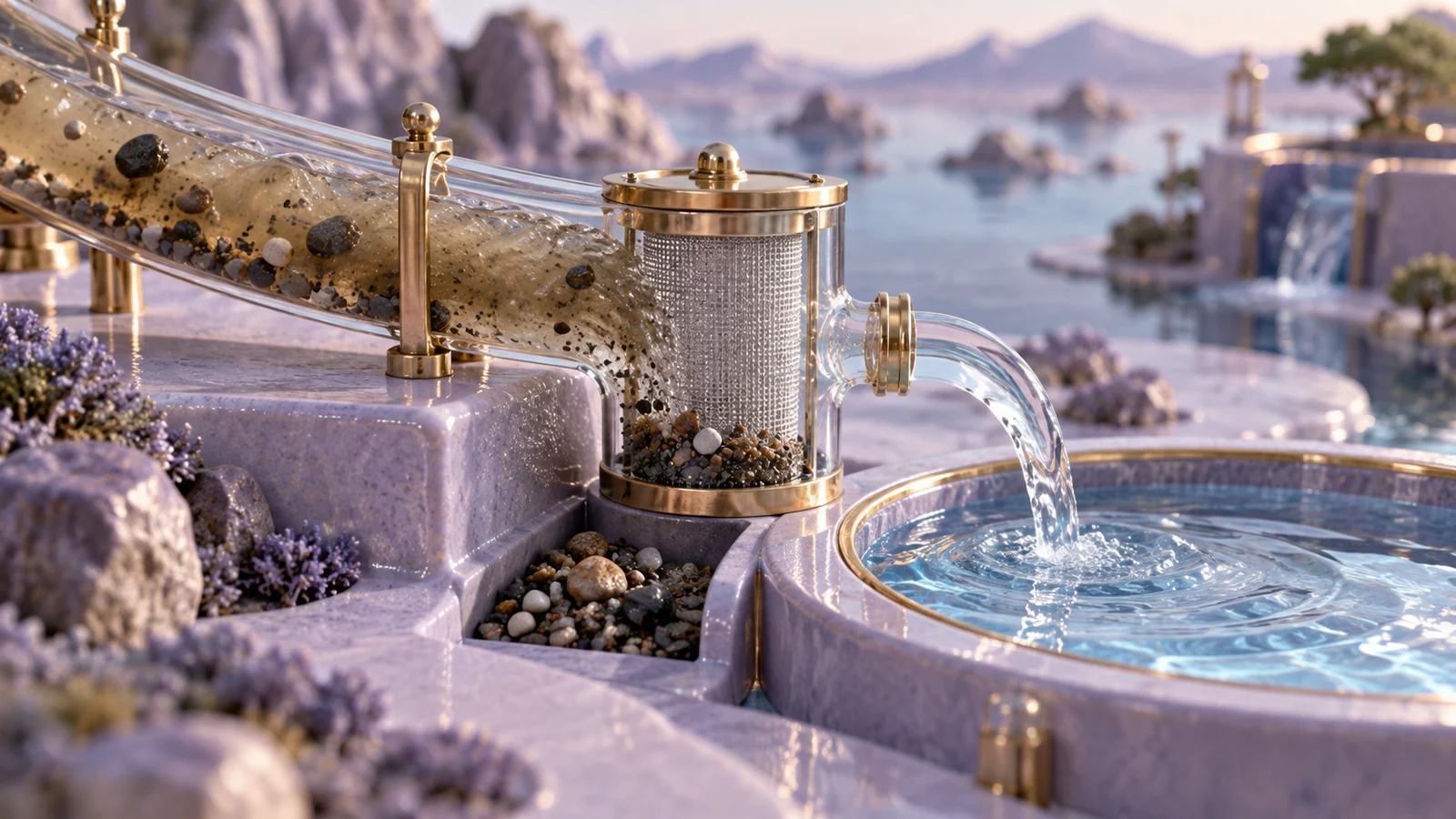 Miniature filtration system separating impurities before water reaches a clean basin